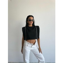 Gökyüzü Moda Chanel Vatkalı Crop Bluz - Siyah