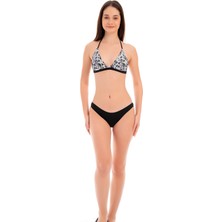 Rukomayo Siyah Beyaz Desenli Boyundan Bağlamalı Lycra Kumaş Üçgen Bikini