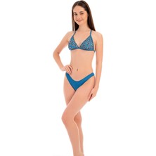 Rukomayo Mavi Desenli Boyundan Bağlamalı Lycra Kumaş Üçgen Bikini
