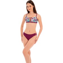 Rukomayo Bordo Çiçek Desenli Göğüs Detaylı  Omuzdan Ayar Askılı Freeset Model Lycra Kumaş Bikini