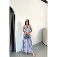 Gökyüzü Moda Keten Çizgili Yelek - Uzun Etek Takım - Mavi