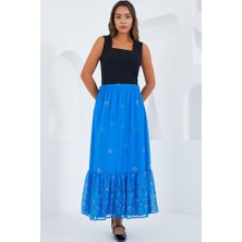 Gökyüzü Moda Saks Desenli Şifon Etek 8010