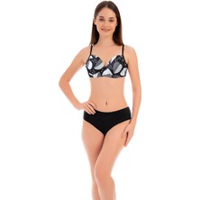 Ruko Mayo Rukomayo Siyah Beyaz Yaprak Desenli Omuzdan Ayar Askılı Kaplı Lycra Kumaş Bikini