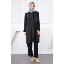 Siyah Kapüşonlu Çizgili Tunik Pantolonlu Takım