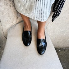 Siyah Kırışık Rugan Hakiki Deri Kadın Loafer Ayakkabı