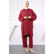Bordo Kapüşonlu Çizgili Tunik Pantolonlu Takım