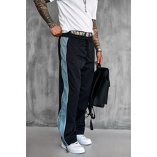 Erkek Şeritli Baggy Fit Teknik Pantolon Siyah