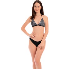 Rukomayo Siyah Çakıl Desenli Boyundan Bağlamalı Lycra Kumaş Üçgen Bikini