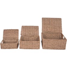 Bahçem Dekoratif Natural Seagrass  3'lü Set Kapaklı Dikdörtgen Hasır Sepet Düzenleyici