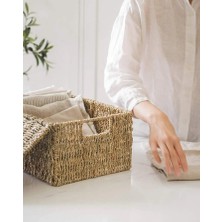 Bahçem Dekoratif Natural Seagrass  3'lü Set Kapaklı Dikdörtgen Hasır Sepet Düzenleyici