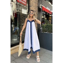 Eswomes Lacivert Şeritli Poplin Elbise Beyaz