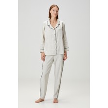 Barine Lino Keten Pijama Pantolon  Krem-Siyah