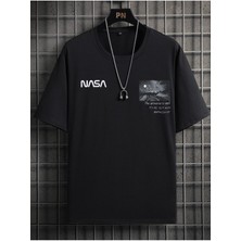 Unisex Nasa Baskılı Pamuklu Bisiklet Yaka Kısa Kollu %100 Pamuk Oversize A++ T-Shirt