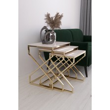 Alya 3'lü Kare Zigon Sehpa Seti Gold Ayak, Krem Mdf