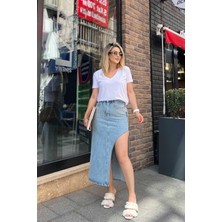 Eswomes Taşlı Asimetrik Kesim Kot Etek Mavi