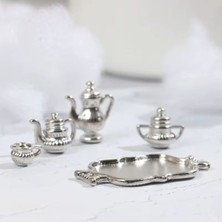 Minyatür Metal Çaydanlık Demlik Fincan Tepsi Set Gümüş Renk Bebek Evi Çocuk Oyuncakları Için