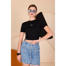 Kadın Siyah Bisiklet Yaka Crop T-Shirt - 169