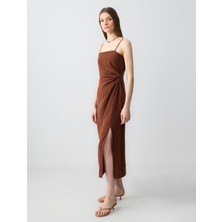 Jimmy Key  Acı Kahve Düz Kesim Düz Yaka Keten Elbise