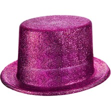 Fuşya Pembe Renk Parıltılı Simli Fötr Silindir Parti Şapkası