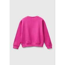 United Colors Of Benetton Kız Çocuk Fuşya Önü Parıltılı Logo Baskılı Bisiklet Yaka Sweatshirt