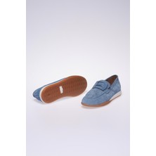 Mavi Hakiki Süet Kadın Loafer Ayakkabı