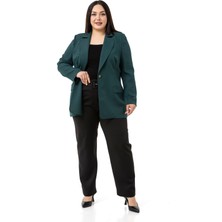 Büyük Beden Tek Düğmeli Süs Cep Kapaklı Vatkalı Astarsız Zümrüt Yeşili Ceket