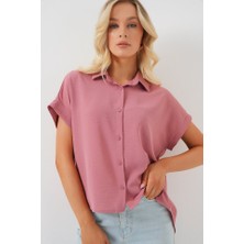 Melenza Oversize Kısa Kol Gömlek 20322 - Pembe
