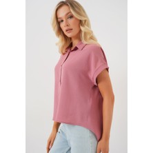 Melenza Oversize Kısa Kol Gömlek 20322 - Pembe