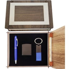 Akıllı Durak Özel Ahşap Kutulu Lacivert Kalem Anahtarlık ve Çakmak Set