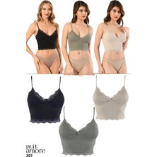 Nuitamore 3'lü Crop Takım Askılı Dantelli Pedli Büstiyer Bluz
