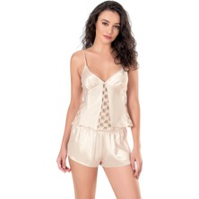 Fildişi Saten Babydoll Şort Takımı