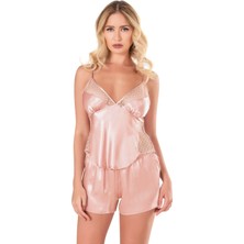 Koyu Pudra Saten Babydoll Şort Takımı