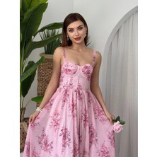 Kalın Askılı Çiçekli Pembe Şifon Emily Elbise