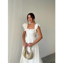 Fisto Düğme Fırfır Detaylı Midi Elbise