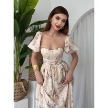 Çiçek Desenli Gloplu Kadın Tasarım Mika Elbise