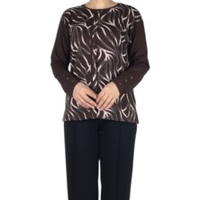 Kadın Önü Desenli Kol Düğme Detaylı Önü Kapalı Penye Bluz