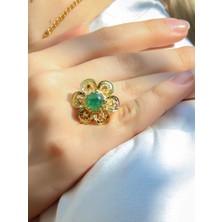 Doğal Taş Yeşil Akik Doğal Taşlı Çiçek Model Telkari Kadın Ayarlanabilir Altın Kaplama Yüzük EUY59YAR