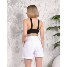 Çizgili Düğmeli Şort Beyaz S2551251