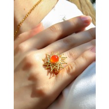 Doğal Taş Akik Doğal Taşlı Yıldız Model Telkari Kadın Ayarlanabilir Altın Kaplama Yüzük EUY60AG