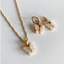 Krem Kelebek Kolye-Küpe Set