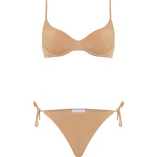 Arkası Büzgülü Gold Lurex Balenli Bikini Takım