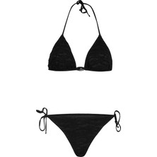 Aquella Krinkıl Siyah Üçgen Bikini Takım Şık Desenli Kadın Plaj Modası