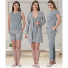 Mecit 6501 Pembe Çizgili 6 Parça Spor Kadın Pijama Gecelik Sabahlık Set