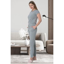 Mecit 6501 Pembe Çizgili 6 Parça Spor Kadın Pijama Gecelik Sabahlık Set
