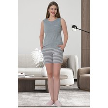 Mecit 6501 Pembe Çizgili 6 Parça Spor Kadın Pijama Gecelik Sabahlık Set