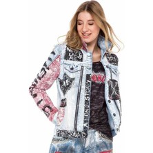 WJ162 Kadın Buz Mavi Baskılı Kot Ceket