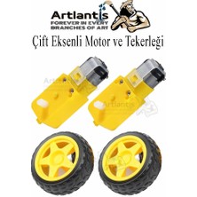 Çift Eksenli Motor 2 Adet ve Tekerlek 2 Adet Sarı Dc Motor Arduino Robotik Motor Tekerlek Deney Okul Bilim Araba Yapım