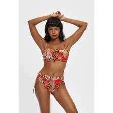 Louren Kırmızı Desenli Yüksek Belli Ayarlanabilir Sabit Askılı Kaplı Toparlayıcı Bikini Takımı