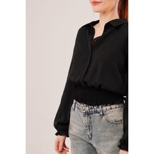 Nidam Butik Bel ve Bilek Lastikli Siyah Bluz