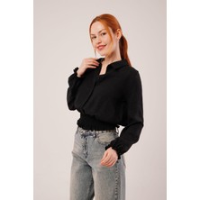 Nidam Butik Bel ve Bilek Lastikli Siyah Bluz